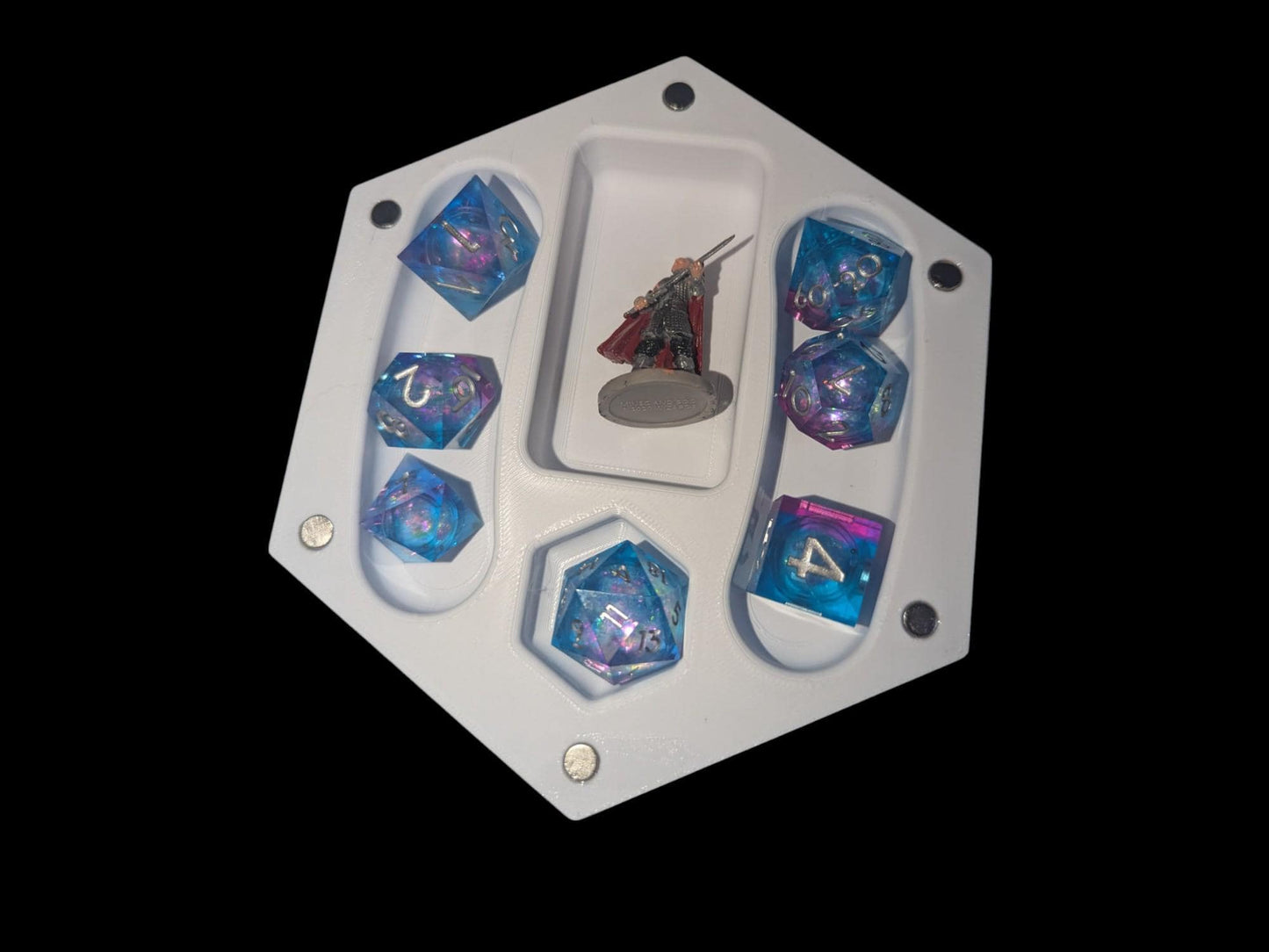 D&D Mini Organizer and holder showing examples of dice and mini inside