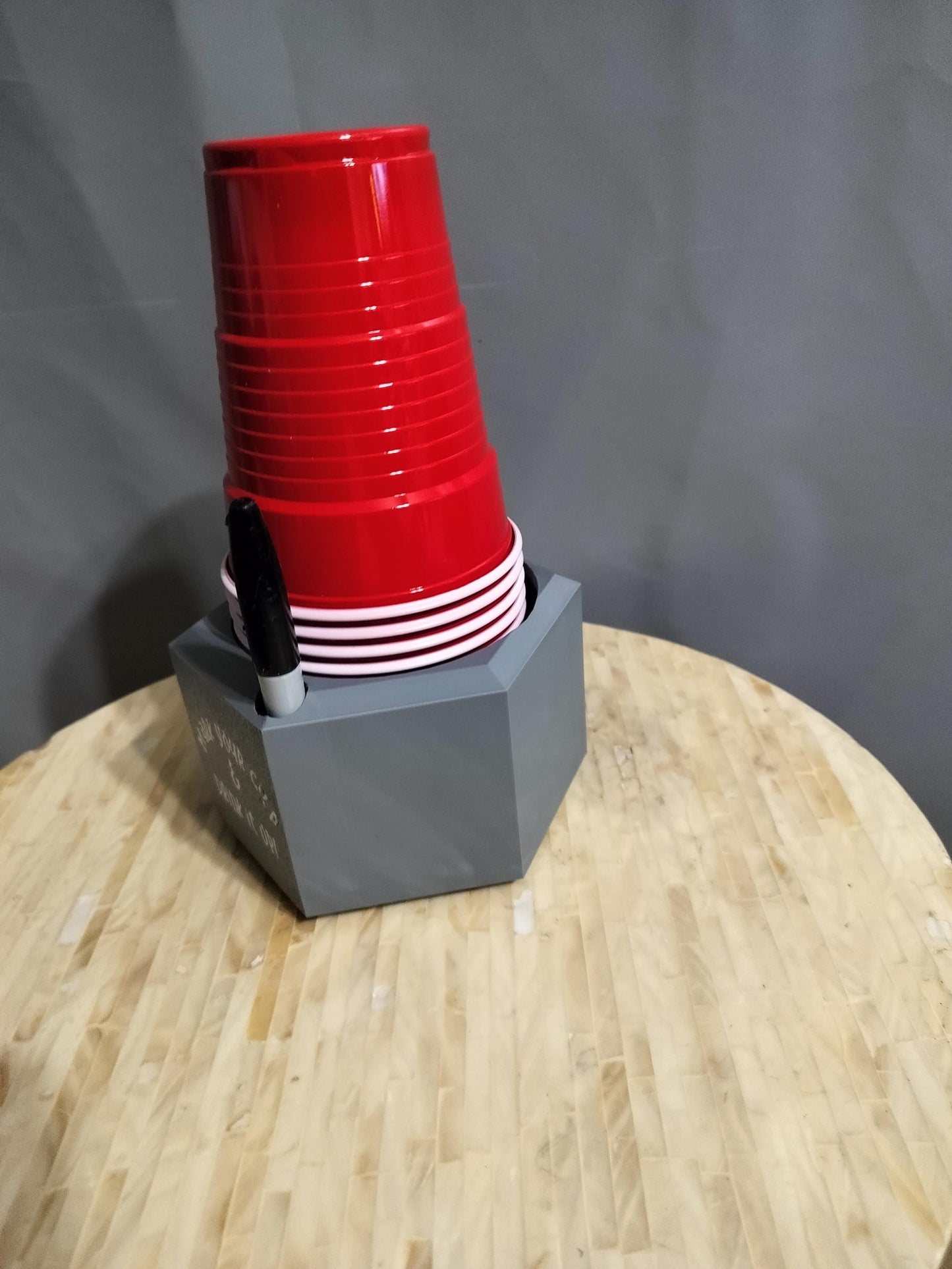 Dixie Cup Dispenser saying "Mark your cup and Drink it up" Side profile