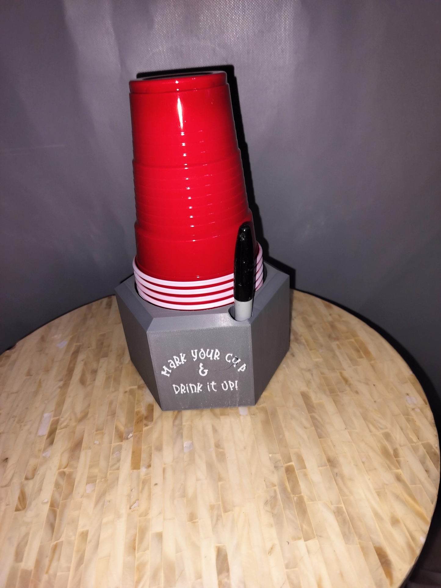 Solo Cup Dispenser saying "Mark your cup and Drink it up" Front profile
