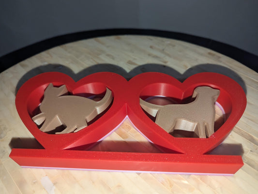 Personalized Heart Pet Lover's Heart Décor - Custom 3D Printed Cat and Dog Silhouette Display - Twin Hearts- Holiday home decor