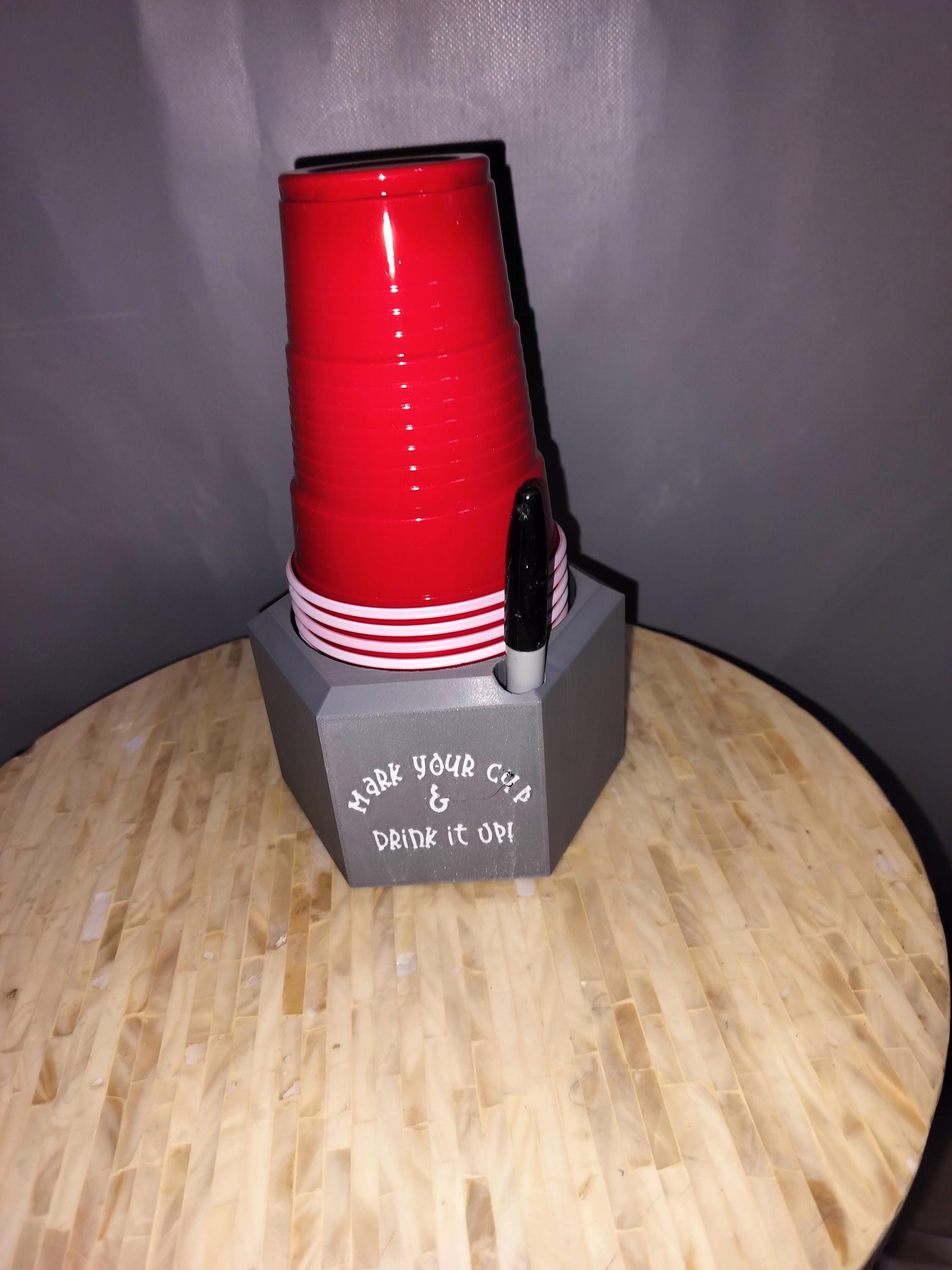 Solo Cup Dispenser saying &quot;Mark your cup and Drink it up&quot; Front profile