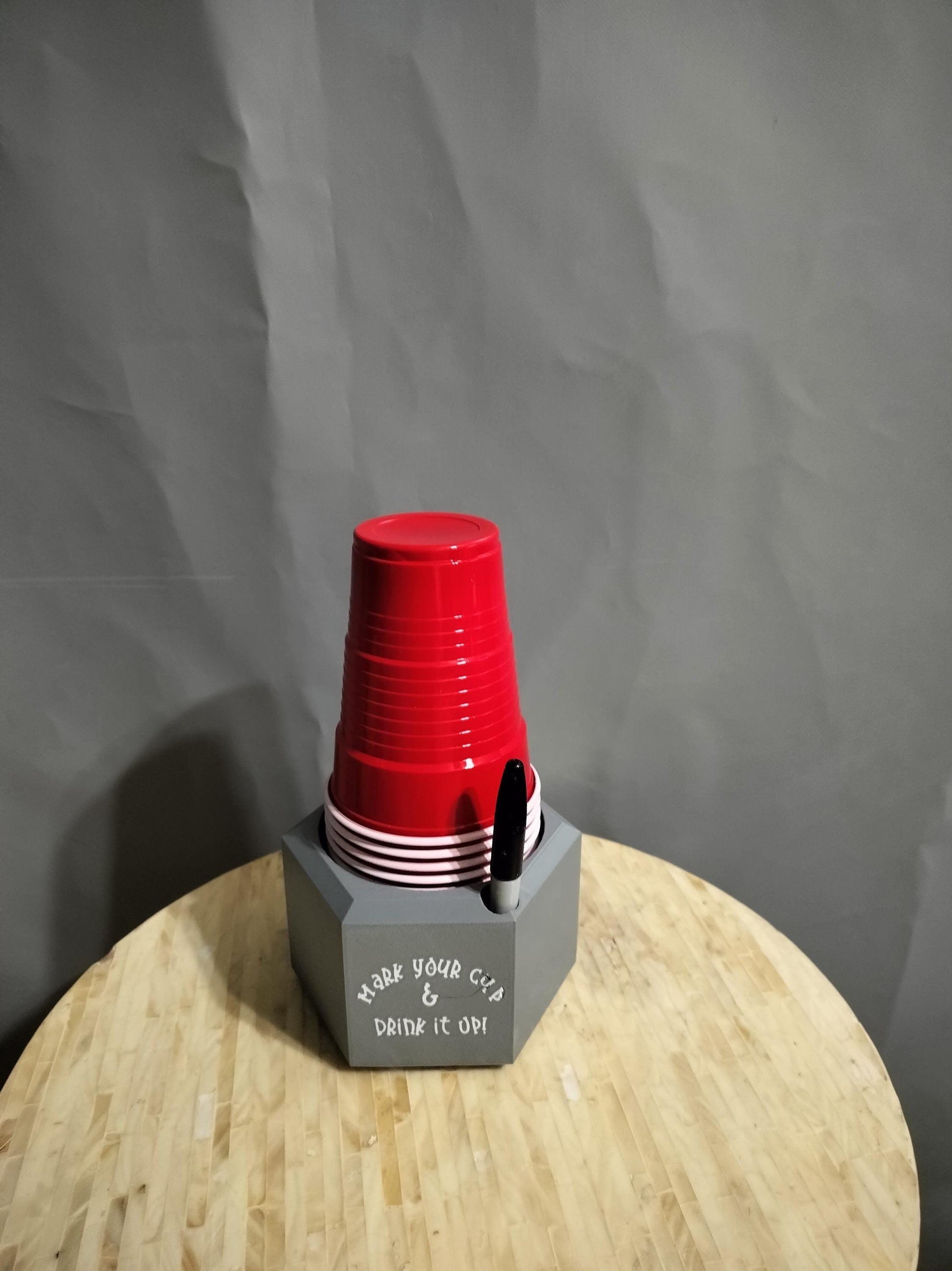 Solo Cup Dispenser saying &quot;Mark your cup and Drink it up&quot; Front profile