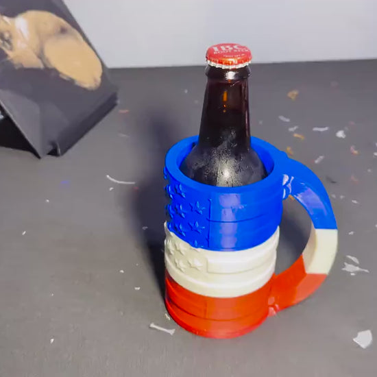 Stars & Stripes Drink Mug – Red White Blue Can Cozy - 3D Printed Fun Patriotic Beer Bottle Holder- American Flag Brew Mug - Unique Can Cup