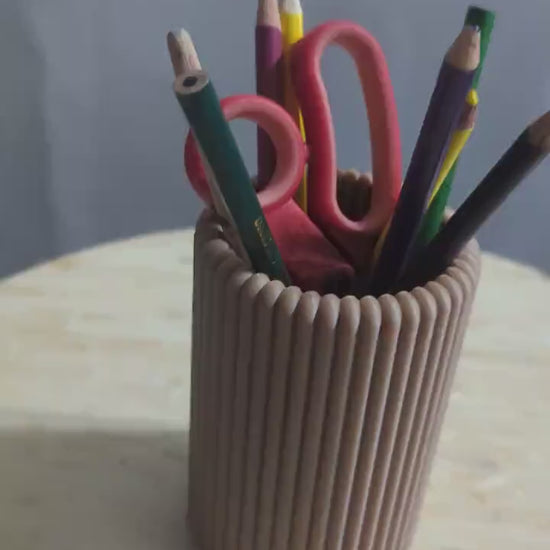 Modern Pen and Pencil Holder Ribbed Beige  – Minimalist Desk Organizer for Office or Home Decor- Office Accessory-Holds Office supplies-