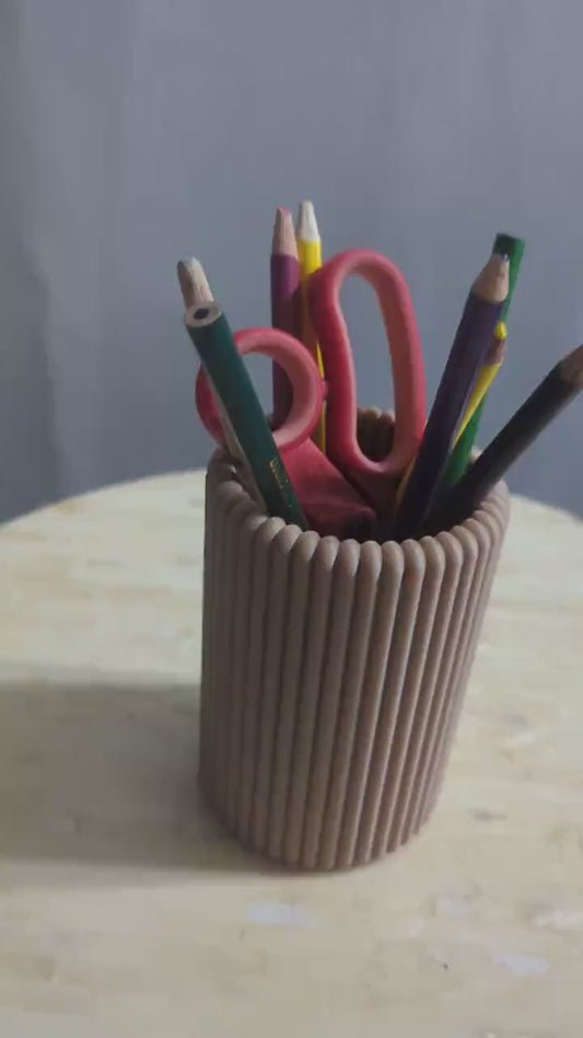 Modern Pen and Pencil Holder Ribbed Beige  – Minimalist Desk Organizer for Office or Home Decor- Office Accessory-Holds Office supplies-